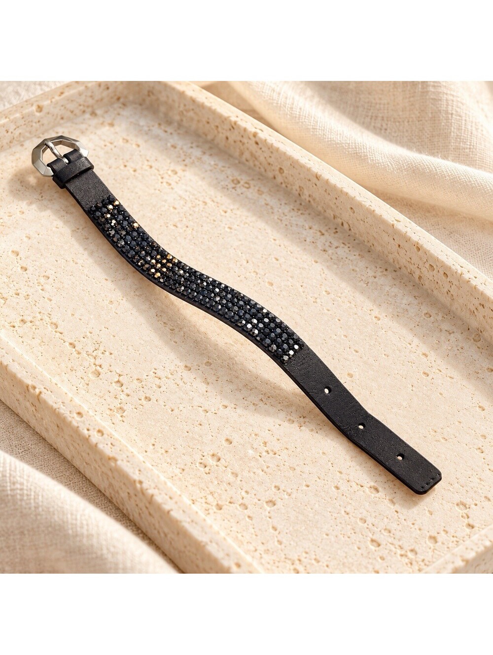 Swarovski Black Crystal Bracelet 8 X  1/2” Wide Adjustable Silver Tone Buckle